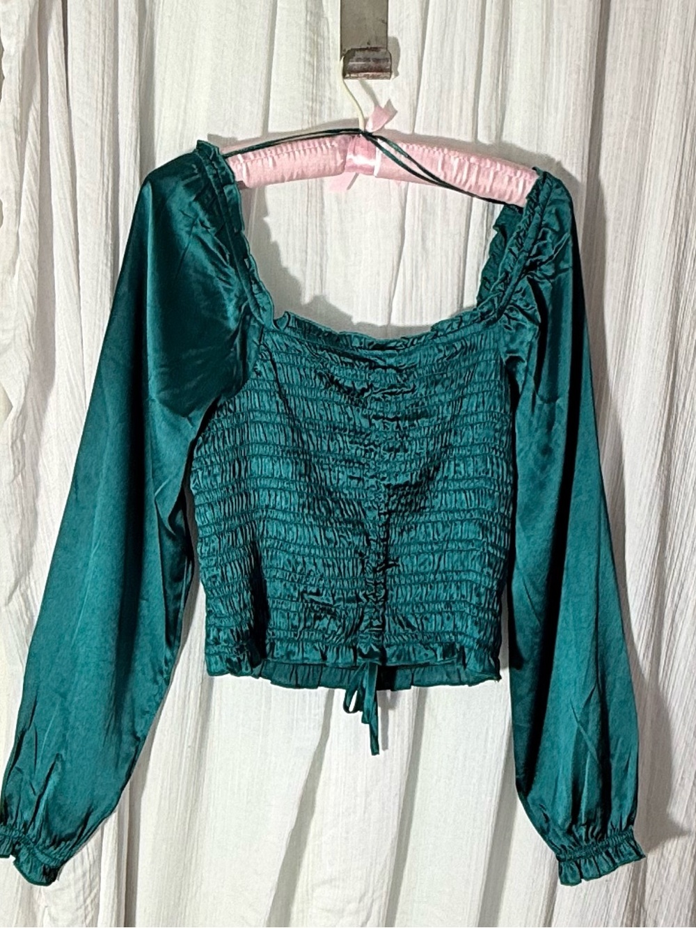 Smocked Teal Long-Sleeve Square-Neck Blouse